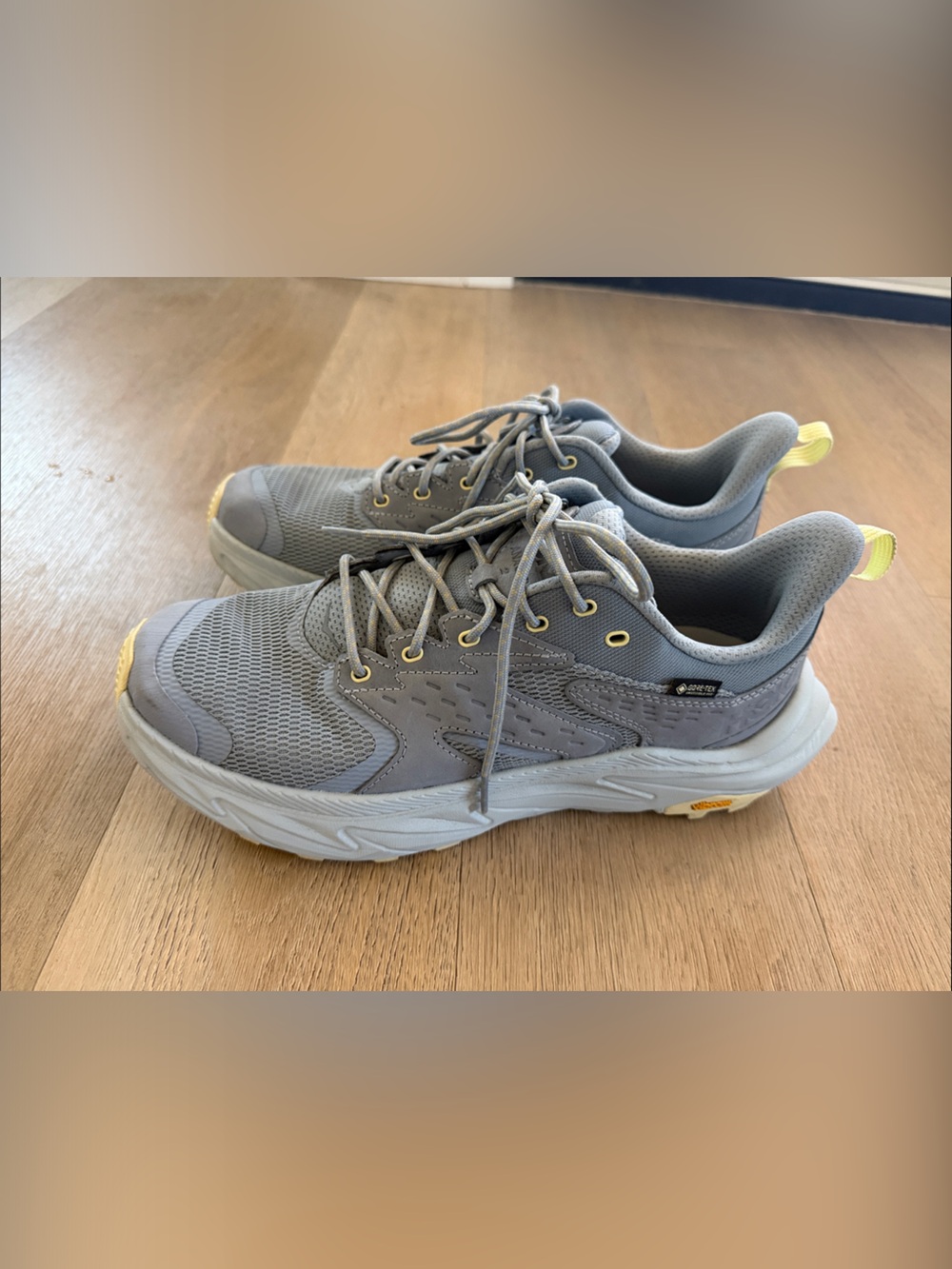 Hoka Men's Light Grey Blue Hiking Shoes with Yellow Accents